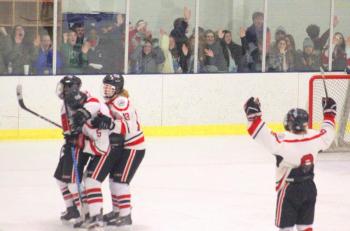 The Camden Hills ice hockey team in its Feb. 15 game against Hampden Academy. (Courtesy Molly Cole)