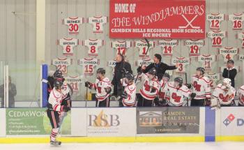 The Camden Hills ice hockey team in its Feb. 15 game against Hampden Academy. (Courtesy Molly Cole)