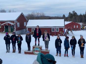 State Champion girls skimeisters, from left, are Katie Grace Kimball, Maggie Metzler, Zola Roberts, Kaelyn Langlois, Adelle Macleay, Lily Stowe, Ula Durow, Olive Walker, Greer Lafiura and Saige Winslow. (Courtesy Weber Roberts)