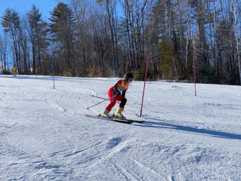 Camden Hills alpine skier Mae Gallace at the KVAC championship Feb. 8. (Courtesy Mike Smith)