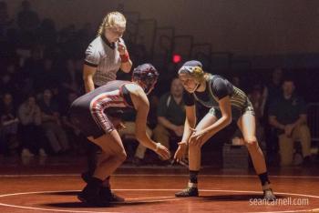 A scene from the girls wrestling state championships Feb. 19. (Courtesy Sean Carnell)