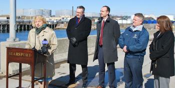 From left, Governor Janet Mills, Representative Scott Cuddy, Dan Burgess, Commissioner Bruce Van Note and Commissioner Heather Johnson.