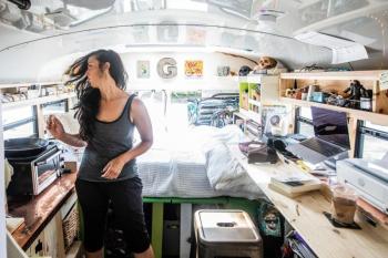 Heidi’s studio inside the bus. Photo courtesy Peter Bissell
