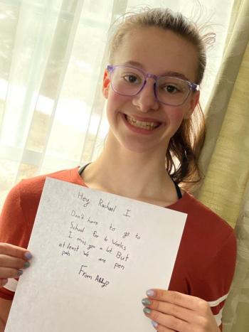 Big Sister Rachael Rademacher, a Camden Hills Regional High School
sophomore, and her Little Sister, Abby, stay connected by exchanging messages and drawings as part of Big Brothers Big Sisters of Mid-Maine’s pen pal program to support local youth during the Covid-19 epidemic. (Photo courtesy Big Brothers Big Sisters of Mid-Maine)