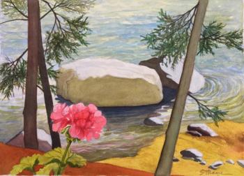 “Pink Geranium and The Store,” a watercolor Cushing scene by Suzi Thayer. See it, and other works by the Edgecomb-based artist, on her new website, sthayerart.com Courtesy of the artist Suzi Thayer