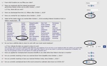 Q. Have you worked for any employer since October 1, 2018?
#4. Unless you have and the info appears, select NO and make sure the box for Maine is NOT check marked to advance to the next screen.
#5. If you answered No to #4, DO NOT check Maine in #5 or else it will cause an error.
Screenshot courtesy COVID-19 Small Business Resource Group