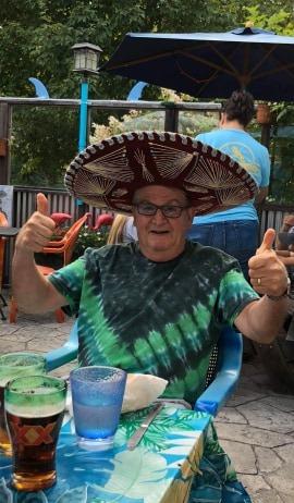 The “honorary diva” models his sombrero while dining out with his fellow divas at Blue Sky Cantina. (Photo courtesy of Julie Clement)