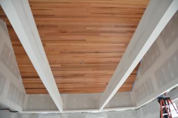 A soaring wood paneled ceiling in the nonfiction section. (Photo by Lynda Clancy)