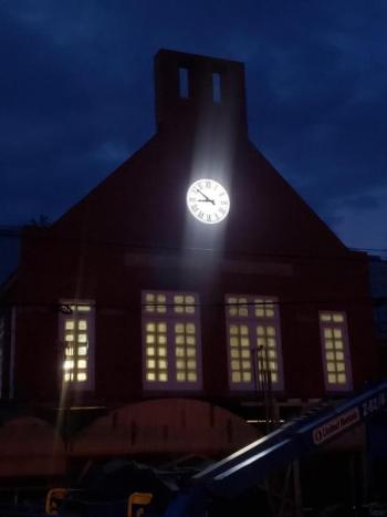 The clock, at night, July 23. (Photo courtesy Charles Frattini)