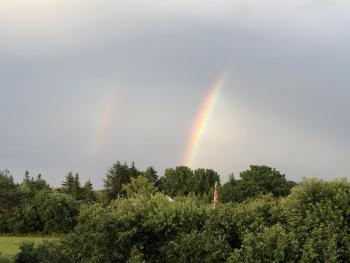 Yeah! It rained. Caught this double rainbow at the head of the bay of Rockland Harbor in Owls Head right after. (Photo courtesy Russ Krauss)