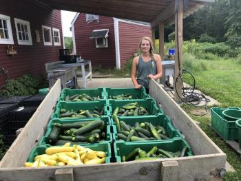 2020 MOFGA Apprentice, Liv Caron, gets ready to unload a cart of zucchinis and summer squash from Erickson Fields to be delivered to area food pantries. (Photo courtesy Maine Coast Heritage Trust)