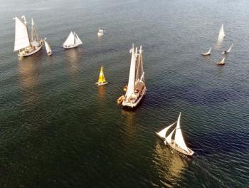 A drone shot of the Hodge Podge Club and schooners doing a lap around Rockland for fun. (Photo courtesy Noah Barnes)