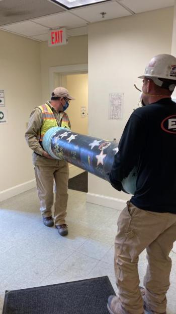 The capsule leaves its longtime home at Camden Public Works headquarters for the parking lot. (Photo courtesy Alison McKellar)