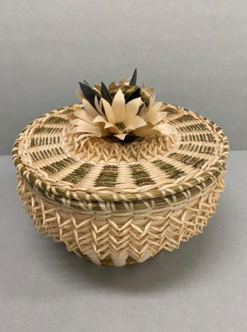 Molly Neptune Parker (1939-2020), Passamaquoddy, Flowertop Basket, brown ash and sweetgrass, 2020, from the Hudson Museum’s on-line collection, which allows teachers and
students to explore the museum’s collection remotely and learn about Wabanaki artistic traditions or to reference in conjunction with other virtual resources, including a tour of the Wabanaki gallery. (Photo courtesy Hudson Museum)
