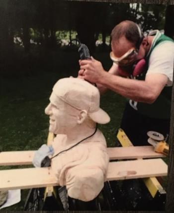 Rockport artist Jon Moro crafts a sculpture of Yogi Berra. (Photo courtesy Steve Moro)