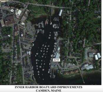 An aerial view of the Camden Harbor, which is included in the Lyman-Morse site plan review application filed with the Camden Town Office and available here: https://cms8.revize.com/revize/camdenme/Planning%20Board%20Packet%2011.19.20.pdf
