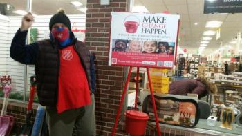 This volunteer was in front of Reny’s in Camden. He deserves a video highlighting his dance moves, but a photo will have to suffice. (Photo by Sarah Shepherd)