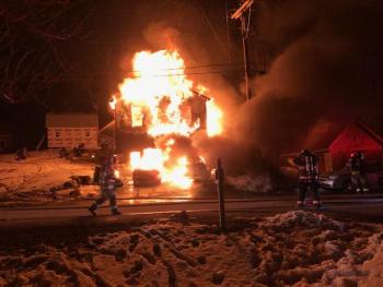 A home on Mount Battie Street in Camden was destroyed and four occupants were transported to Pen Bay Medical Center early in the morning, Feb. 25 as a fire raced through their home.