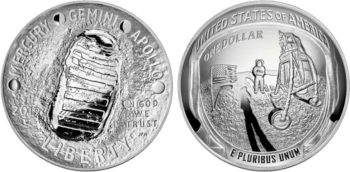 From left, the front and back of the moon landing coins. Gary Cooper designed the front, seen on the left, while Phebe Hemphill of the U.S. Mint designed the back.