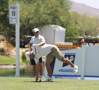 Cole Anderson, bending, during opening day of the NCAA Division I men’s golf national championship. (Courtesy Holly S. Anderson)