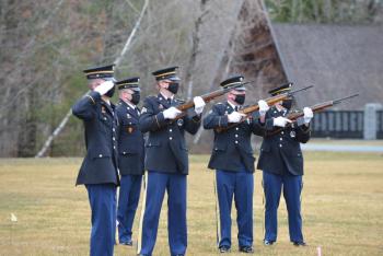 Honor Guard soldiers with the Maine Army National Guard Military Funeral Honors program fire a volley during a veteran funeral. (Photo by Maj. Carl Lamb/Maine National Guard)