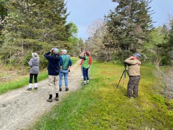 Birdwatchers scanning for birds on Clark Island with trip leader Eddy
Edwards. (Photo courtesy Friends of Maine Coastal Islands NWR)