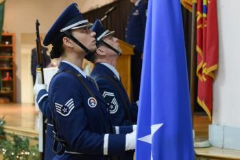 Airmen from the Maine Air National Guard Honor Guard post the colors. (Photo by Master Sgt. Tavis Hill/Maine National Guard)