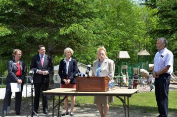 Penobscot Bay Area YMCA CEO Melissa Bellew; Todd Landry, Director of the Office of Child and Family Services; Rep. Vicki Doudera, D-Camden; Gov. Janet Mills; and Senator David Miramant, D-Camden. (Photo by Lynda Clancy)