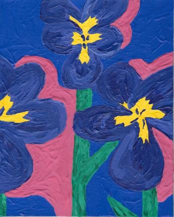 “10lbs” by Jon. Painting of blue flowers. (Photo courtesy OUT Maine)