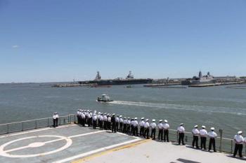 The ‘State of Maine’ approaches the Elizabeth River, entering Norfolk. (Photo courtesy Maine Maritime Academy)