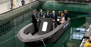 The University of Maine’s 3-D printed boat, 3Dirigo, the largest 3-D printed object in the world, will travel by land and be on exhibit in Bangor, Bucksport and Searsport. (Photo courtesy Penobscot Maritime Heritage Association)