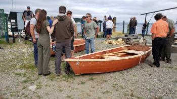 Completed skiffs prepare to race as part of Belfast Harbor Fest’s 2019 National Boatbuilding Challenge.
(Photo courtesy Mickey Sirota, Belfast Rotary Club)