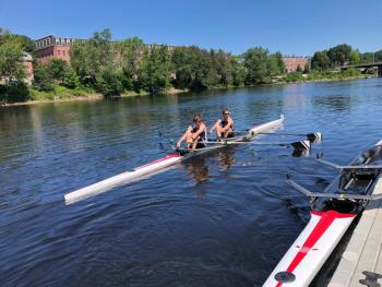 Cabot Adams and Dominic Piconi row to the start line. (Courtesy Tris Coburn and Peter Piconi)