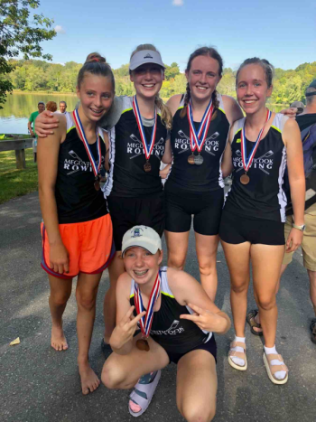 Girls Novice 4+ "B" boat. From left are Adella Brainerd, Veronica Waters, Maggie Gill, Flora Gurdon with Anna Piconi crouched down in front.