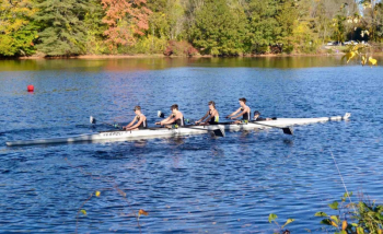 Boy’s V4+ warming up on way to start. From left, Dom Piconi, Devin Guptill, Cabot Adams, Noah Thackeray, and Connor Howland (coxswain).