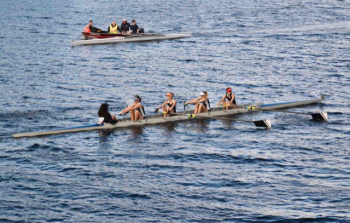 The girl’s novice 4 warming up on way to start. From left, Sofia Howell (coxswain), Flora Gurdon, Adella Brainerd, Ava Tobias and Greer LaFiura.