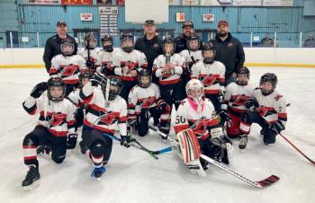The 10U Maine Coast Storm ice hockey team. Coaches are Brian McCarthy, Paul Kuplinski, Josh Leach, Ryan Gates. Players standing are Landyn Rego, Tayler Benner, Spencer Hilchey, Devon Kuplinski, Campbell McCarthy, JD Corbett and Quinn Bergan. Players kneeling are Jaxson Long, Easton Leblanc, Sam Smith, Eli Gates, Wyatt Morse, Orin Leach and Cael Howard. (Courtesy Tyler Smith)