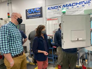 Maine Education Commissioner Pender Makin (center) and Bobby Deetjen, director of Mid-Coast School of Technology visit a class at the school. (Photo courtesy Maine Department of Education)