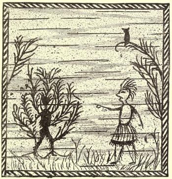 Glooscap turning a man into a cedar tree. Scraping on birchbark by Tomah Joseph, 1884. Photo courtesy WikiCommons