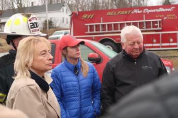 Governor Janet Mills, far left, visited Belfast to survey the damage from the McCrum fire. She was joined by Belfast City Manager Erin Herbig and Penobscot McCrum CEO Jay McCrum.