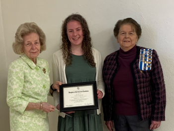 Joyce Davies, vice-regent, presents certificate to Isabel Danforth, Midcoast School of Technology, as Joanne Richards, regent of Lady Knox, looks on. (Photo courtesy Lady Knox Chapter)