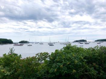 At the bottom of Marine Ave., the public right of way to the harbor extends of view to Penobscot Bay. (Photo by Lynda Clancy)