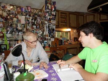 Roy Peasley is interviewed by his great-great nephew, Takoda Peasley, in 2015.