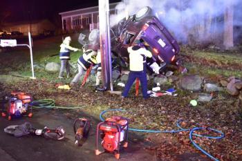 A crash on Route 1 in Rockport at midnight April 10 injured one woman, and drew multiple first responders to the scene. (Photo courtesy Rockport Fire Department)