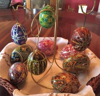 This year’s eggs, and a few from years past, designed and created by Alina Blakesley. LISA KRISTOFF/Boothbay Register