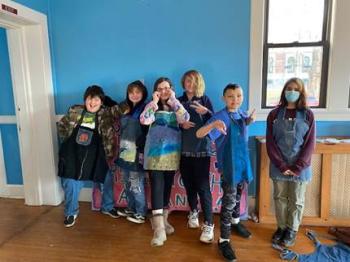 RSU #13 (Rockland) Afterschool Program with The Landing Place: One-of-a-Kind Aprons from old Jeans. (Photo courtesy ecomaine)