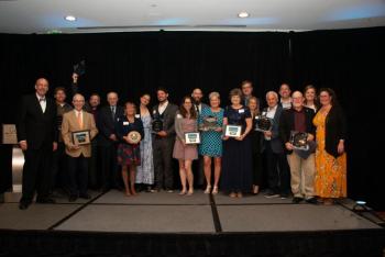 2022 Gala Honorees - Many of the Gala honorees gathered for a group shot at the end of the evening. (L to R) - Tom Peaco, Chamber President & CEO; JR Braugh, Schooner Ladona; Richard Lyon, Pen Bay Medical Center; Noah Barnes, Schooner Stephen Taber; Mark Hedrich, Knox-Lincoln Soil & Water District; Deborah Meehan, 2022 Community Person of the Year; Becky Wright and Nathan Segouin, Schooner Lewis R. French; Lauren Soutiea and Greg Soutiea, Craignair Inn by the Sea and Causeway Restaurant; Celia Knight, Maine Lobster Festival; Shari Closter; Cliff Winn, Coastal Opportunities; Liz Sullivan and Steve Anderson, The Apprenticeshop; Jon Duke, Town of Rockport/Rockport Public Library; Leni Gronros and Kim Graffam, Graffam Bros. Seafood; Sheila Lowe, Chamber Board Chair (in between Leni and Kim). (Photo courtesy Carol Miller Photography carolmillerphotos.com)