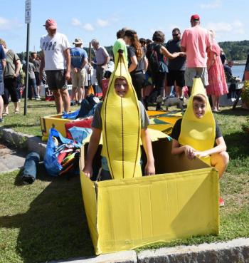 Cardboard Boat Race participants ready to go at 2021 Belfast Harbor Fest. (Photo courtesy Belfast Rotary Club)