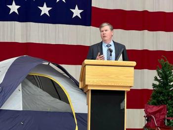 Chuck Hayes of MaineGeneral addresses the audience to thank the Scouts and share his appreciation to all of those who have struggled during the pandemic. (Photo courtesy Chuck Mahaleris)