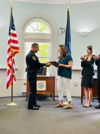 Pictured: Chief Cormier, left, Clerk Amy Flood, center, City Manager Erin Herbig, right. (Photo courtesy Belfast Communications Assistant Mackenzie Barnhart)